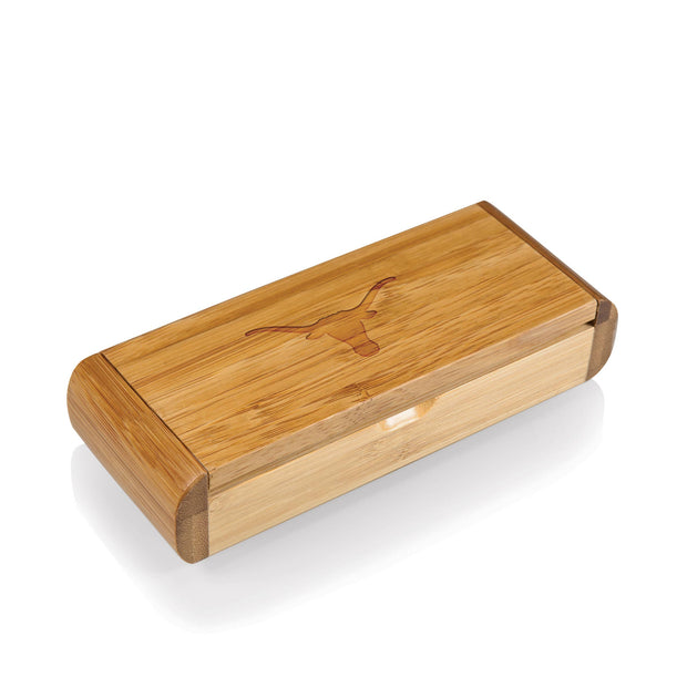 Wooden sunglasses case with a logo on a white background