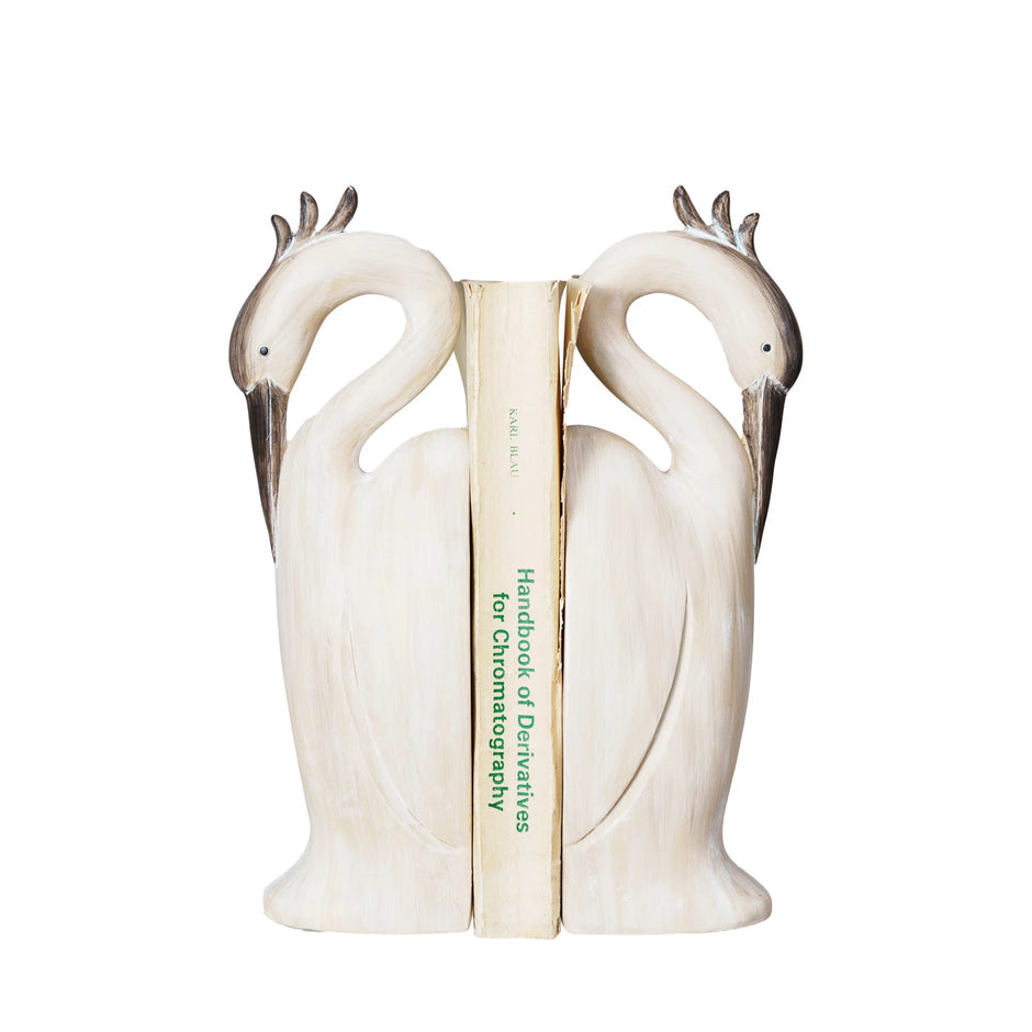 Set of two Creative Co-op Heron Bookends featuring elegant heron bird designs for stylish book organization.