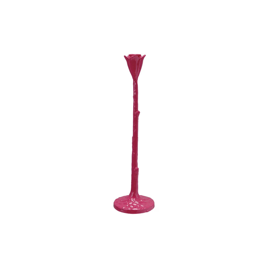 Pink flower candle holder by Creative Co-op, designed to hold taper candles with a floral decorative style.