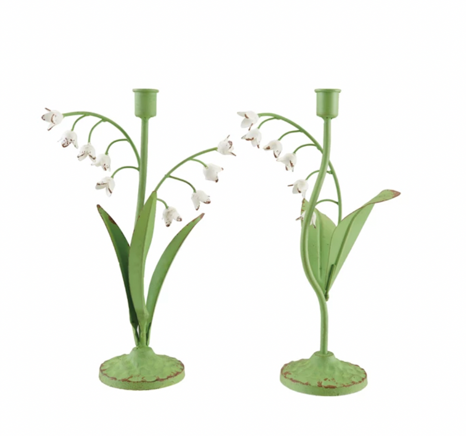Creative Co-op Toleware Lily of the Valley candle holder with two style options, featuring decorative metal design and floral accents.