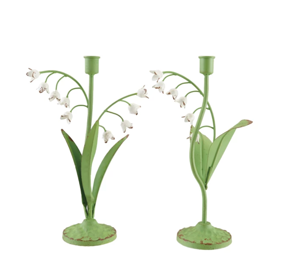 Creative Co-op Toleware Lily of the Valley candle holder with two style options, featuring decorative metal design and floral accents.
