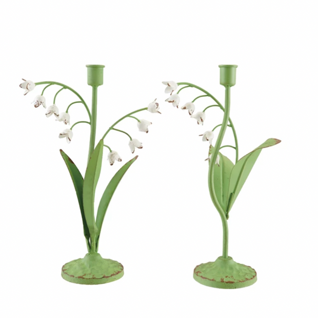 Creative Co-op Toleware Lily of the Valley taper candle holder in two styles, decorative metal candle holder with floral design.