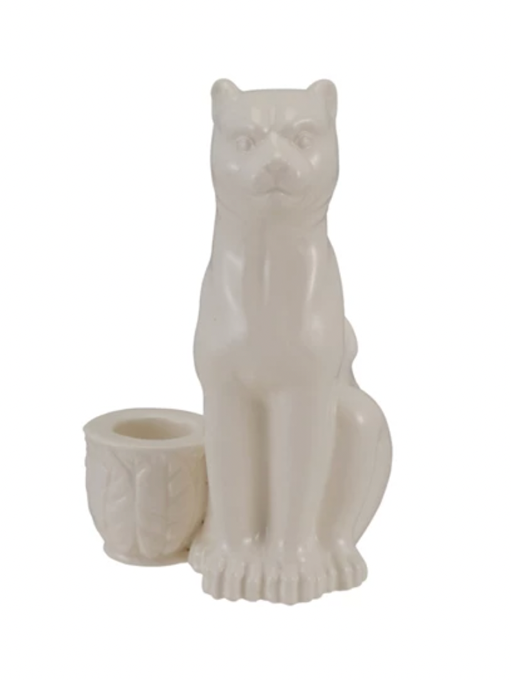White stoneware taper candle holder with leopard design by Creative Co-op, showcasing a stylish and decorative candle accessory.