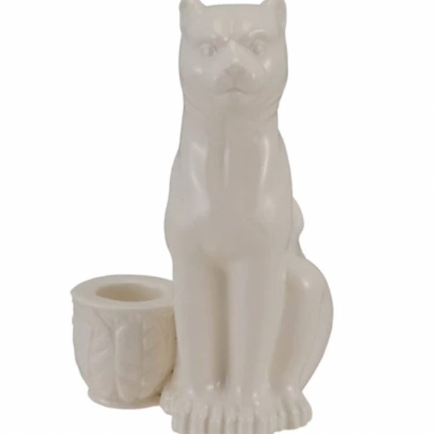 White stoneware taper candle holder with leopard design by Creative Co-op, showcasing a stylish and decorative candle accessory.