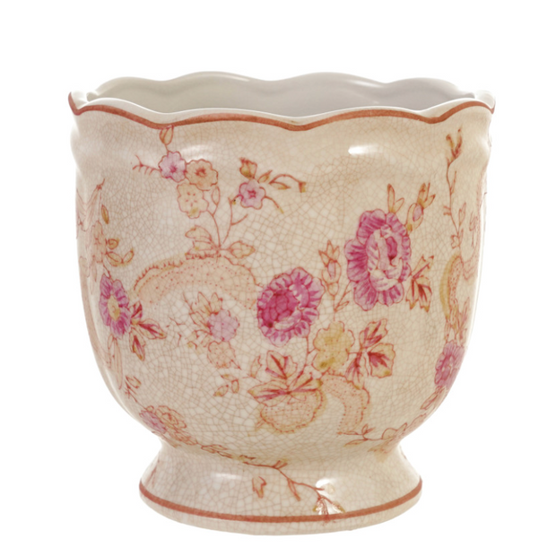 Creative Co-op stoneware scalloped garden planter with floral pattern, featuring a textured, decorative design for outdoor planting.