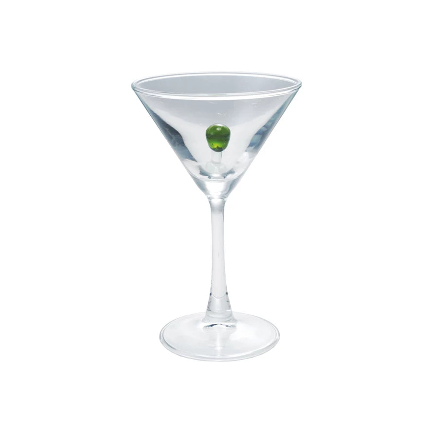 Elegant martini glass with a green olive, Creative Co-op glassware featuring a sleek design for stylish cocktails.