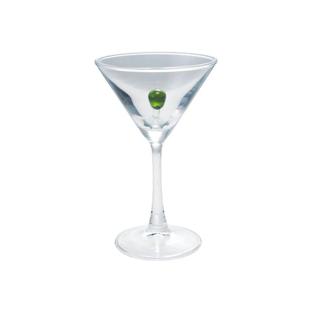 Elegant martini glass with a green olive, Creative Co-op glassware featuring a sleek design for stylish cocktails.