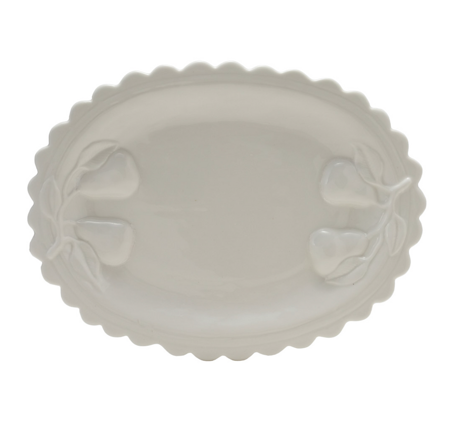 Stoneware scalloped platter with embossed pears, Creative Co-op serveware for elegant food presentation.