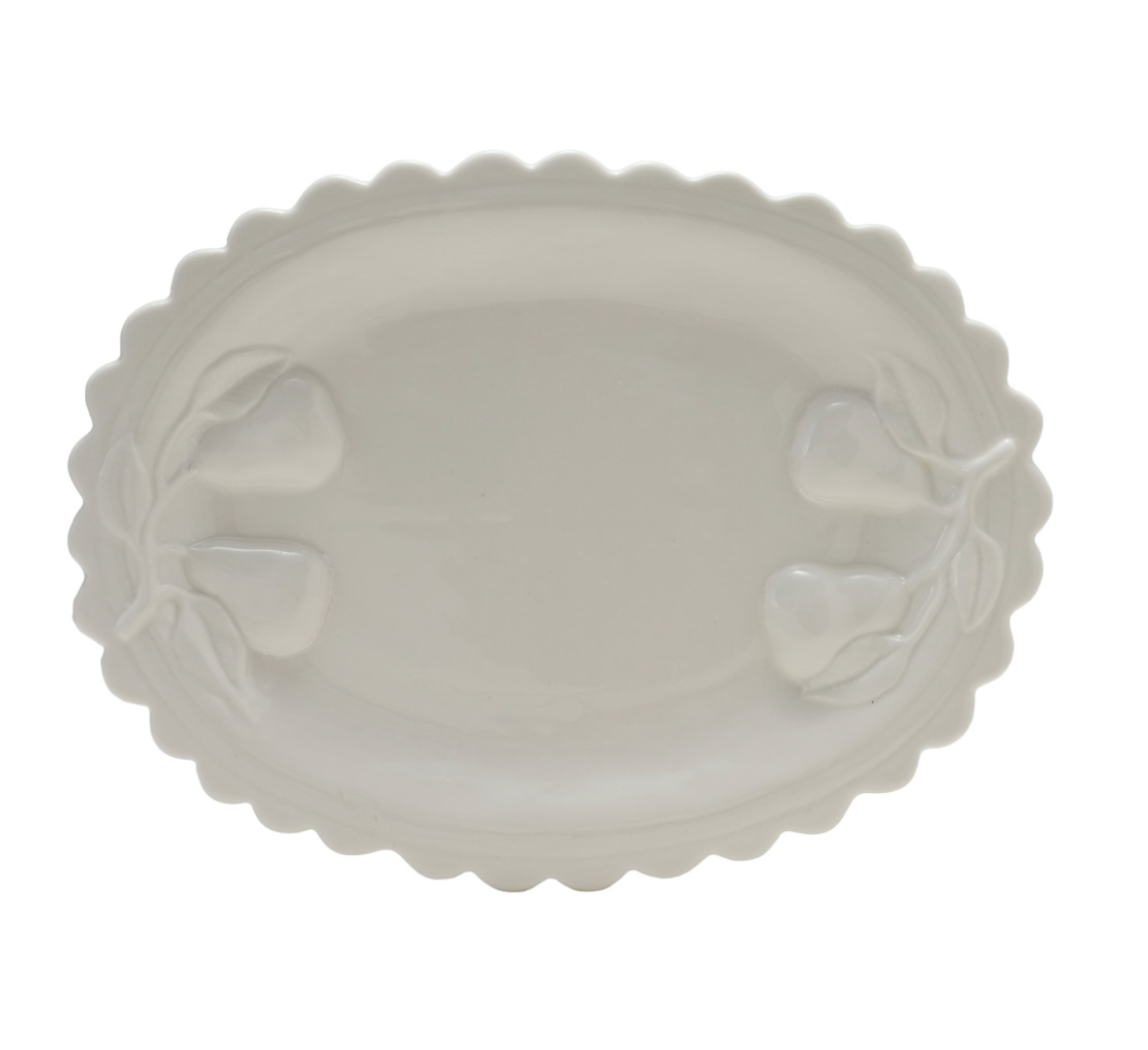 Stoneware scalloped platter with embossed pears, Creative Co-op serveware for elegant food presentation.