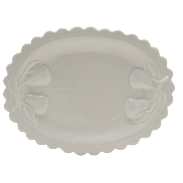 Stoneware scalloped platter with embossed pears, Creative Co-op serveware piece, ideal for serving and decorative dining presentation.