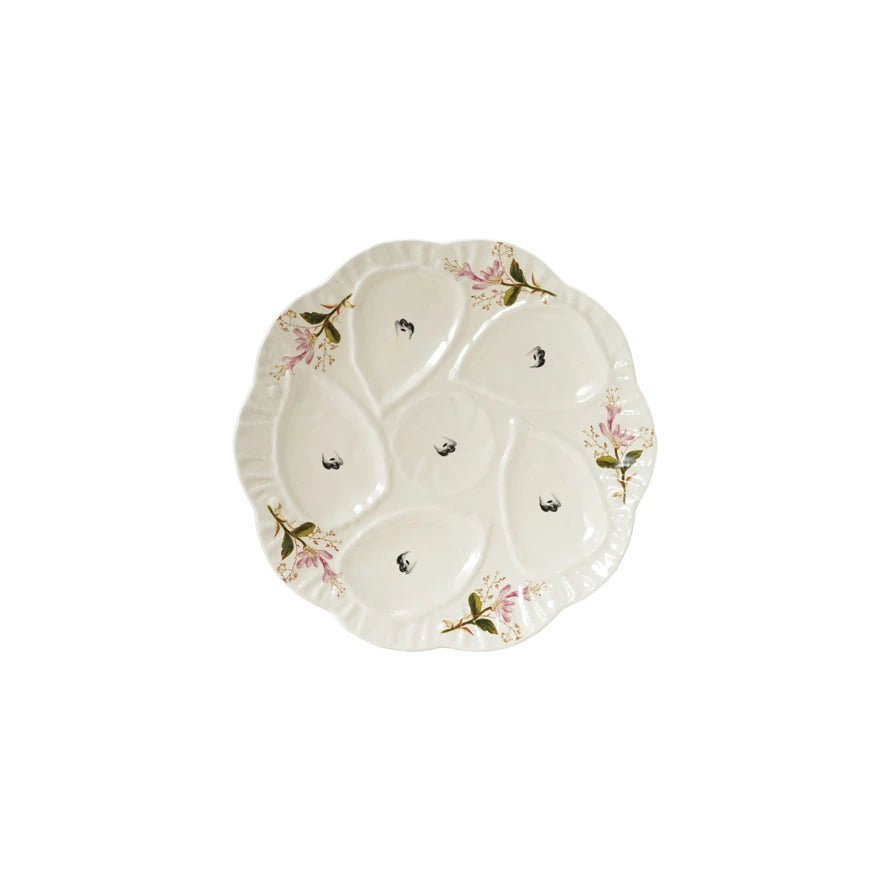 Cream-colored stoneware vintage oyster plate with multiple sections, featuring a rustic, handcrafted design from Creative Co-op serveware.