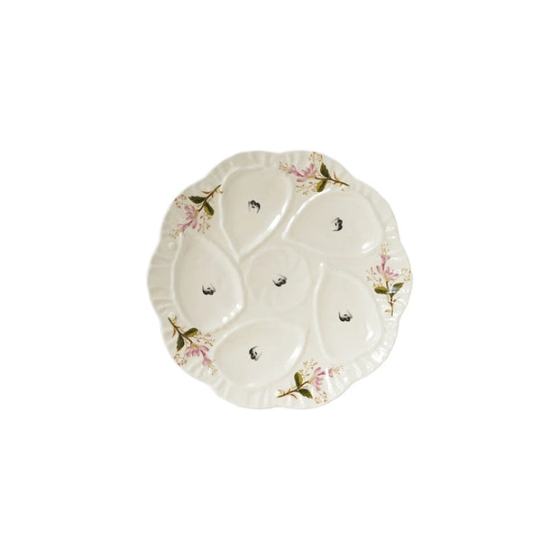 Cream-colored stoneware vintage oyster plate with multiple sections, featuring a rustic, handcrafted design from Creative Co-op serveware.
