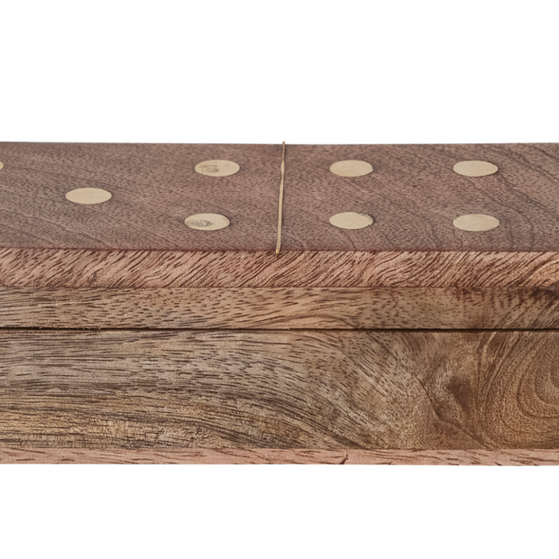 Handmade mango wood and inlaid brass dominoes set in a wooden box, featuring natural finish and detailed craftsmanship.