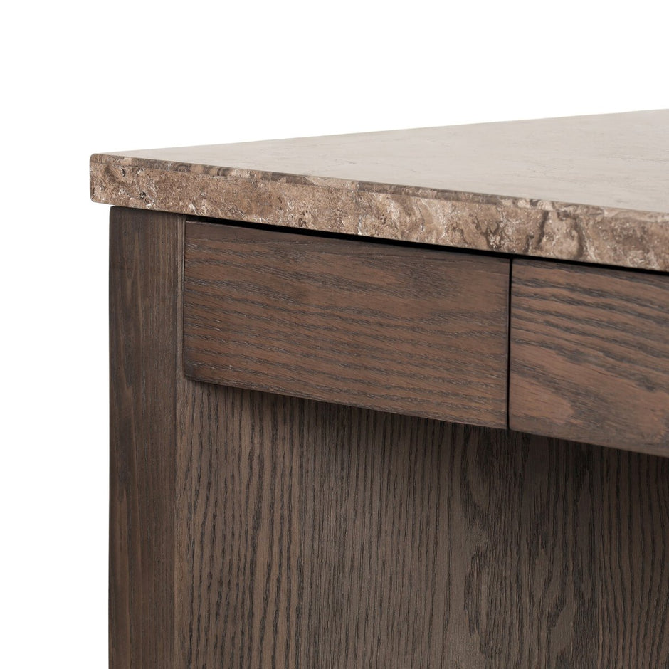Wooden desk with a marble countertop on a white background