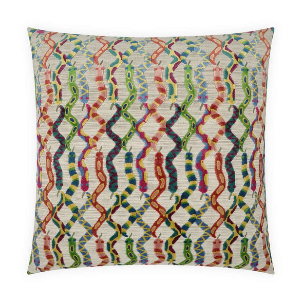 A square-shaped decorative pillow with a geometric snake pattern featuring an assortment of colors including blue, red, and green on a beige background.