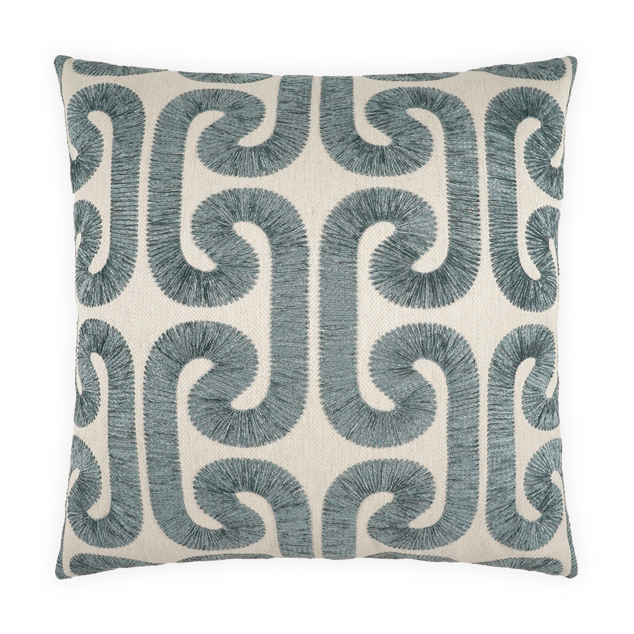 Decorative pillow with blue geometric pattern on a white background