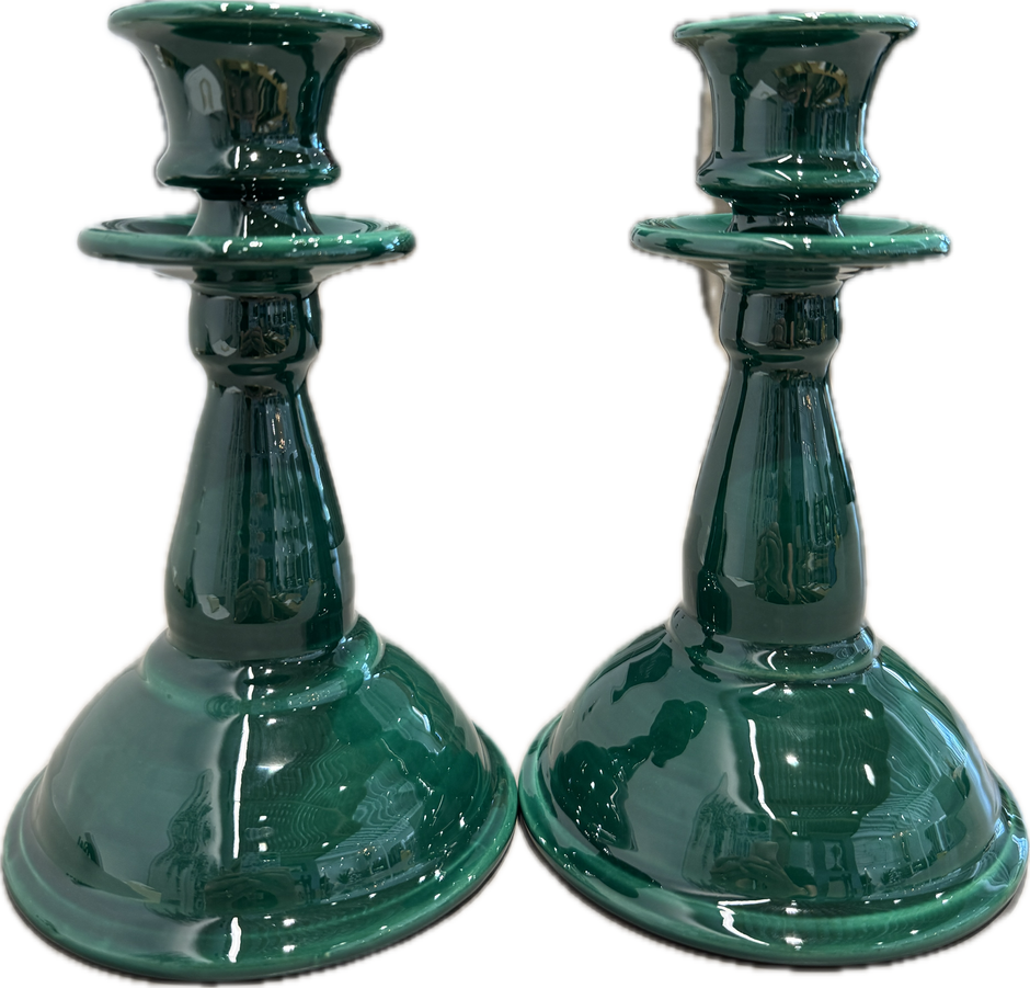 Pair of Enza Fasano Apulian ceramic candle holders with intricate patterns, perfect for decorative table accents.
