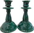 Pair of Enza Fasano Apulian ceramic candle holders with intricate patterns, perfect for decorative table accents.