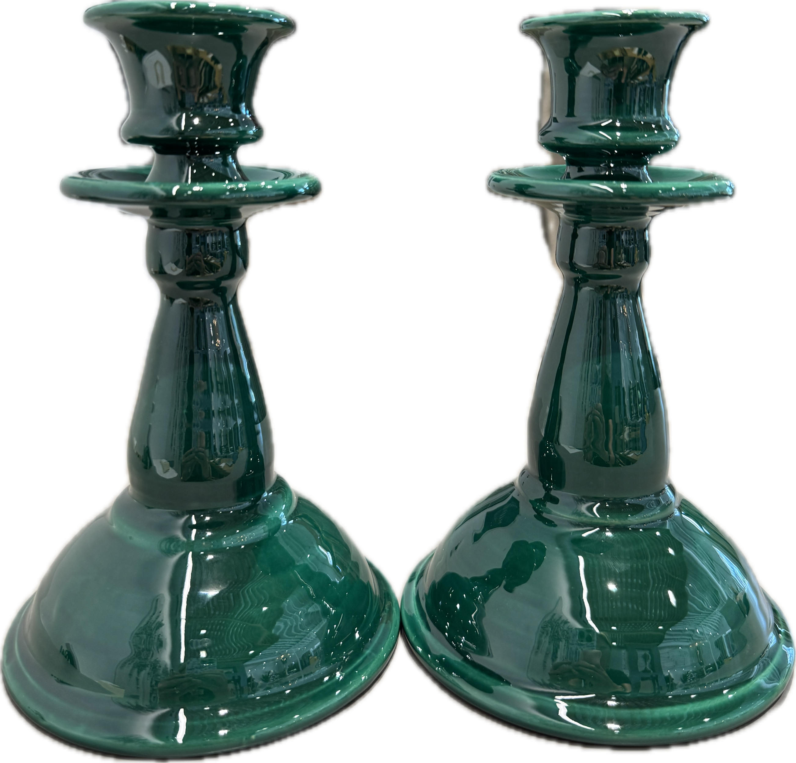 Pair of Enza Fasano Apulian ceramic candle holders with intricate patterns, perfect for decorative table accents.