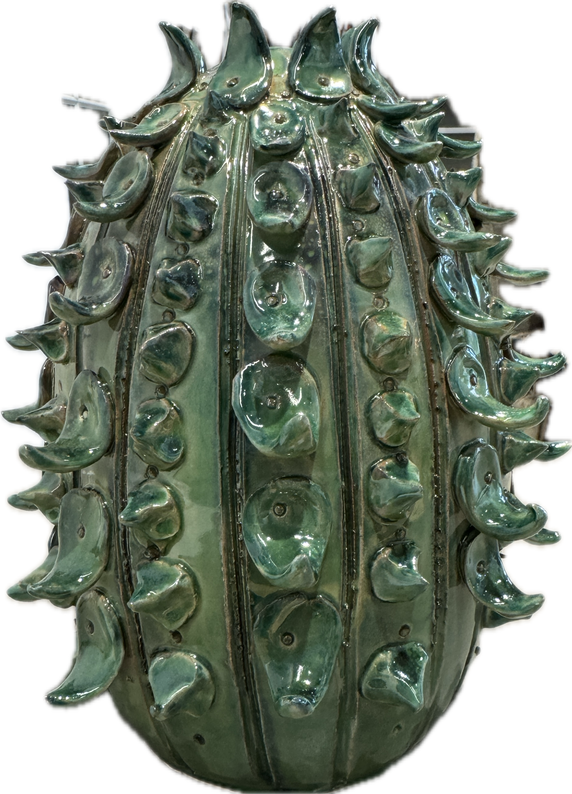 Enza Fasano Apulian ceramic cactus decor piece, white ceramic with green cactus design, perfect for home decoration.