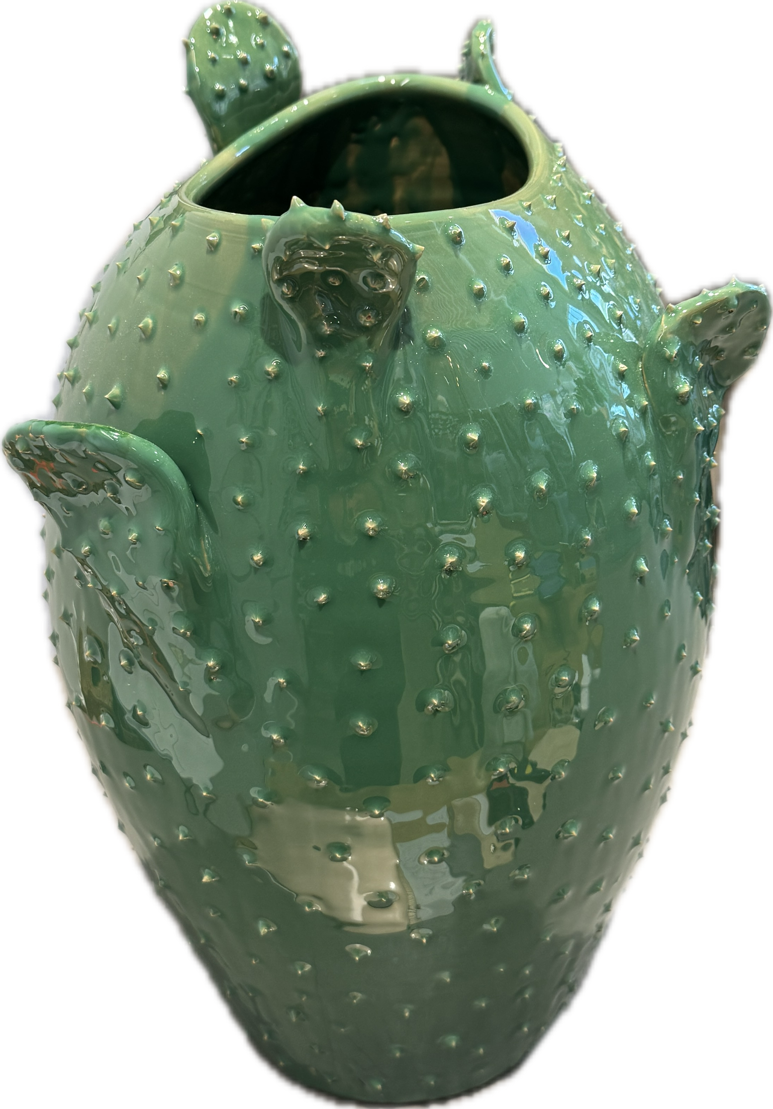Green Apulian ceramic cactus vase by Enza Fasano, featuring a vibrant, handcrafted design with a textured cactus motif.