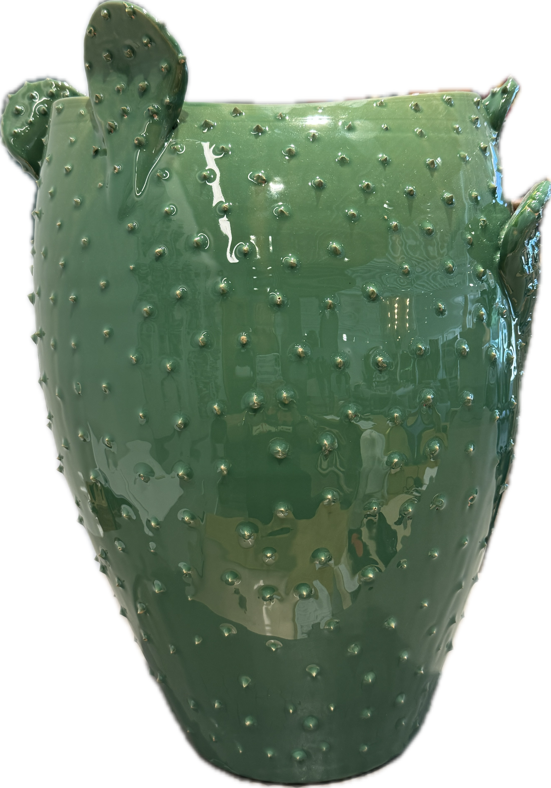 Green Apulian ceramic cactus vase by Enza Fasano, featuring a unique textured design and vibrant color.