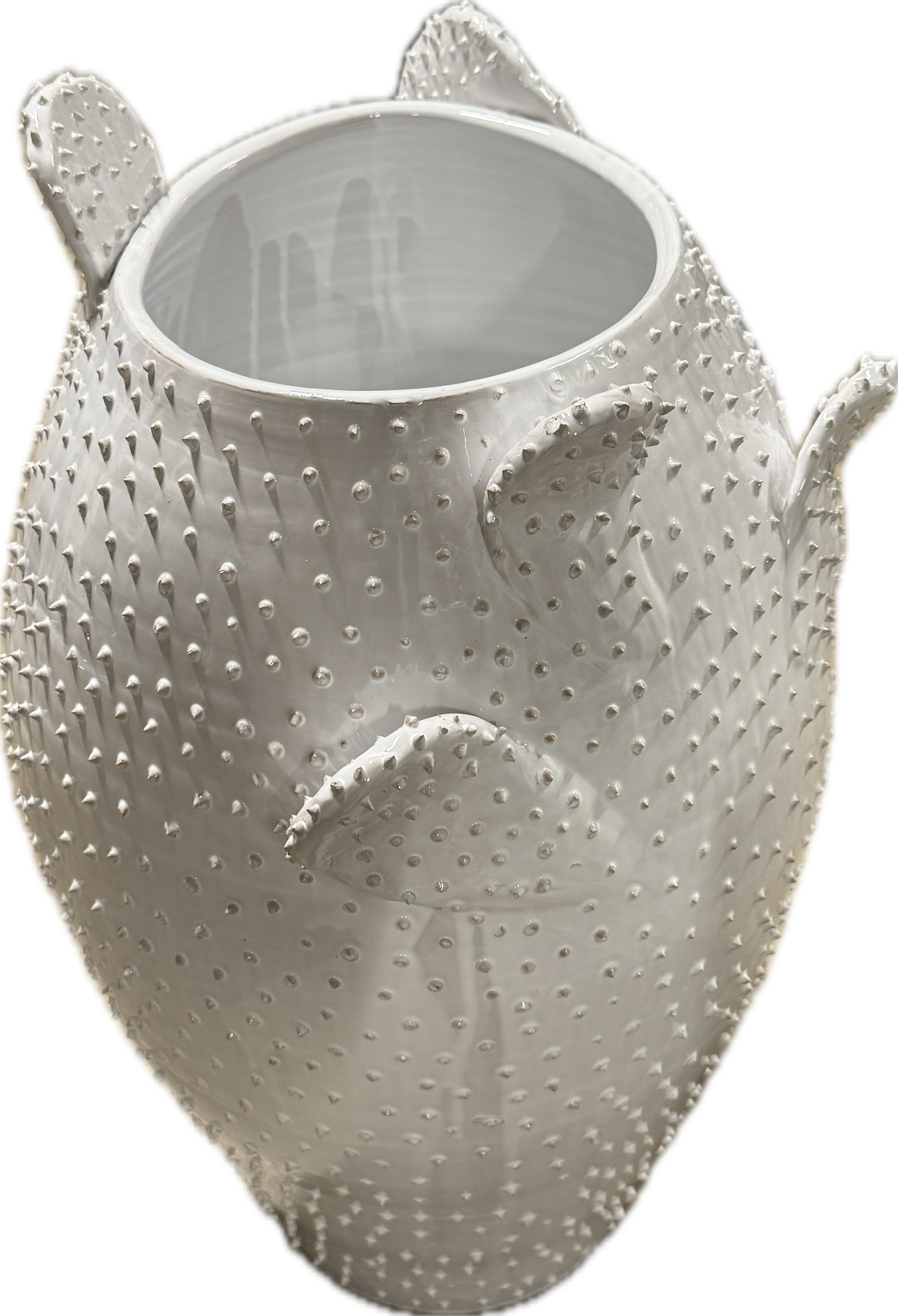 White Apulian ceramic cactus vase by Enza Fasano, featuring a smooth, rounded design with a decorative cactus pattern.
