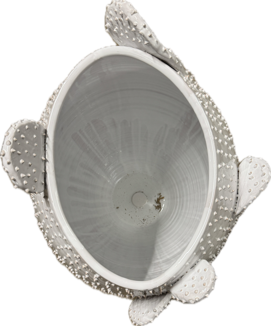 White Apulian Ceramic Cactus Vase by Enza Fasano shown with a textured cactus design and smooth white finish.