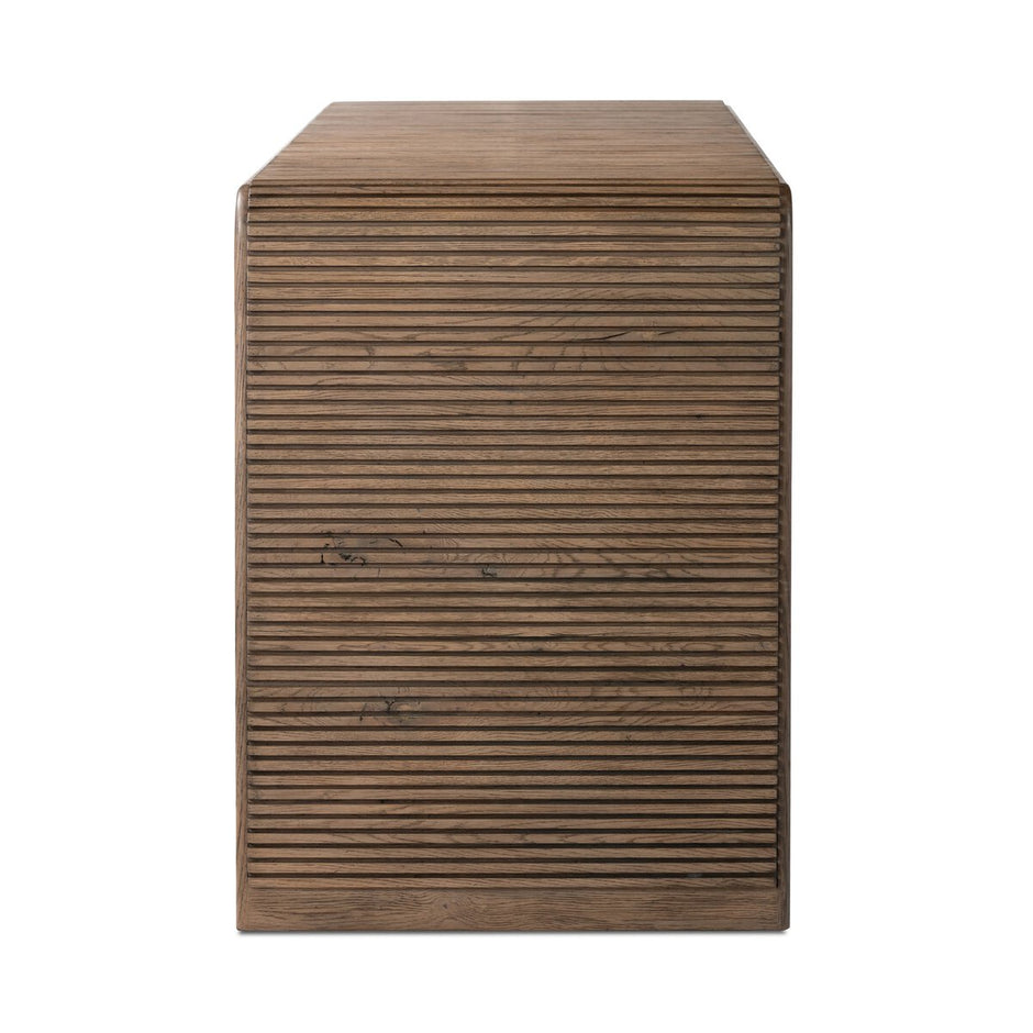 Four Hands Leo console table with sleek wood surface and metal legs, ideal for entryways or living room decor.