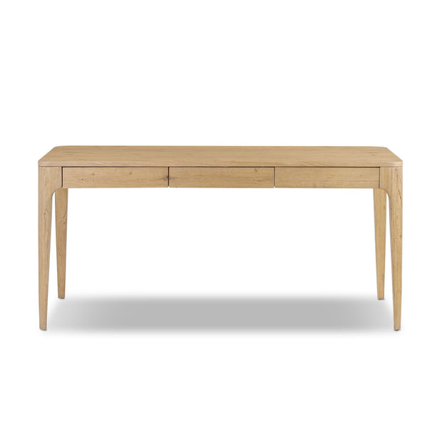 Four Hands Burke Desk with sleek wooden surface and modern design, featuring sturdy legs and a spacious workspace.