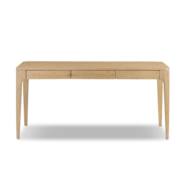 Four Hands Burke Desk with sleek wooden surface and modern design, featuring sturdy legs and a spacious workspace.