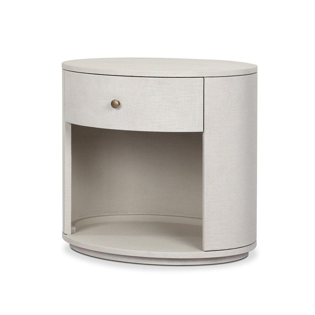 Amelia oval nightstand by Four Hands with one drawer, ivory linen finish, featuring a sleek, modern design for bedroom decor.