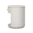 Four Hands Amelia oval nightstand with one drawer in ivory linen, showcasing a sleek modern design and smooth surface.