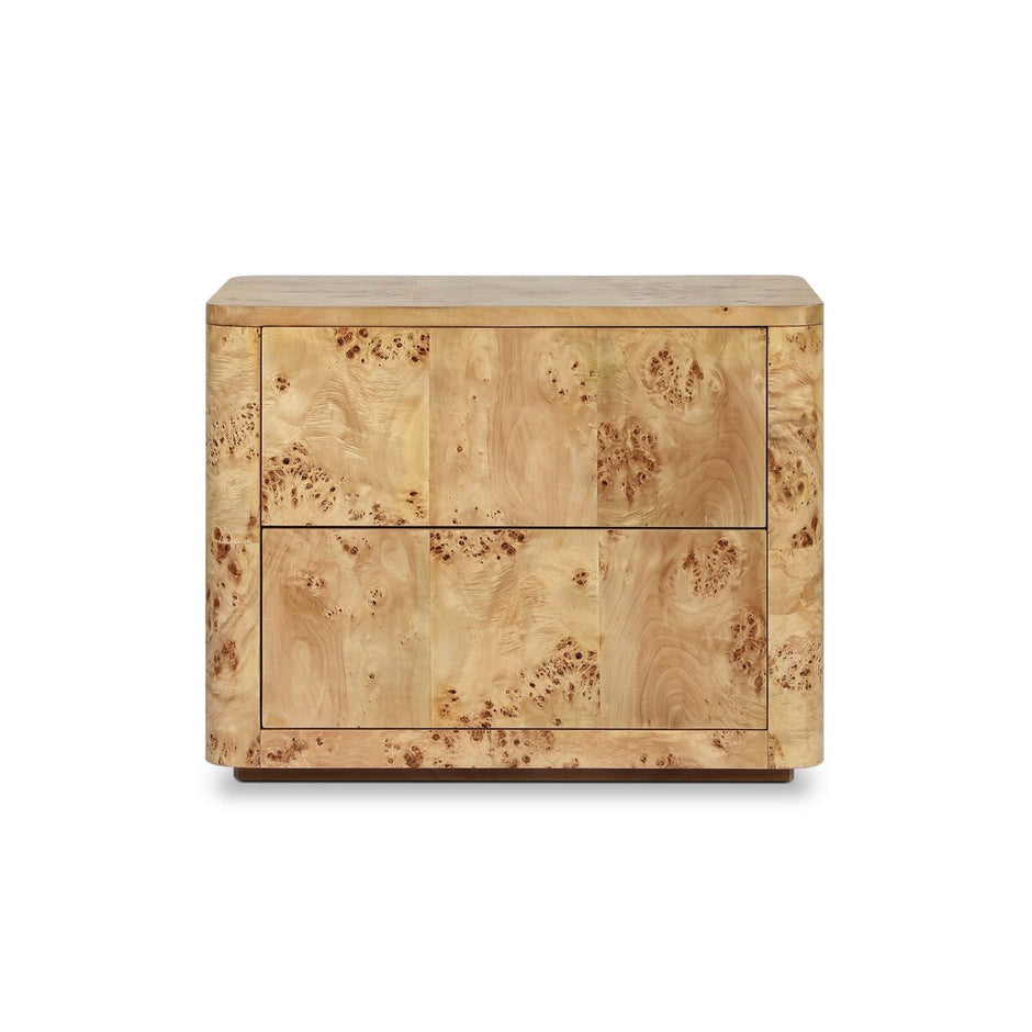 Burl wood rectangular nightstand by Four Hands with clean lines and natural wood grain finish, ideal for bedroom decor.