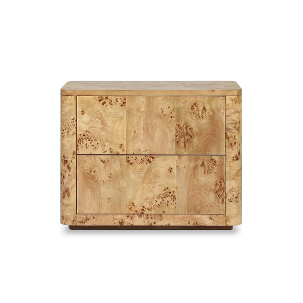 Burl wood rectangular nightstand by Four Hands with clean lines and natural wood grain finish, ideal for bedroom decor.