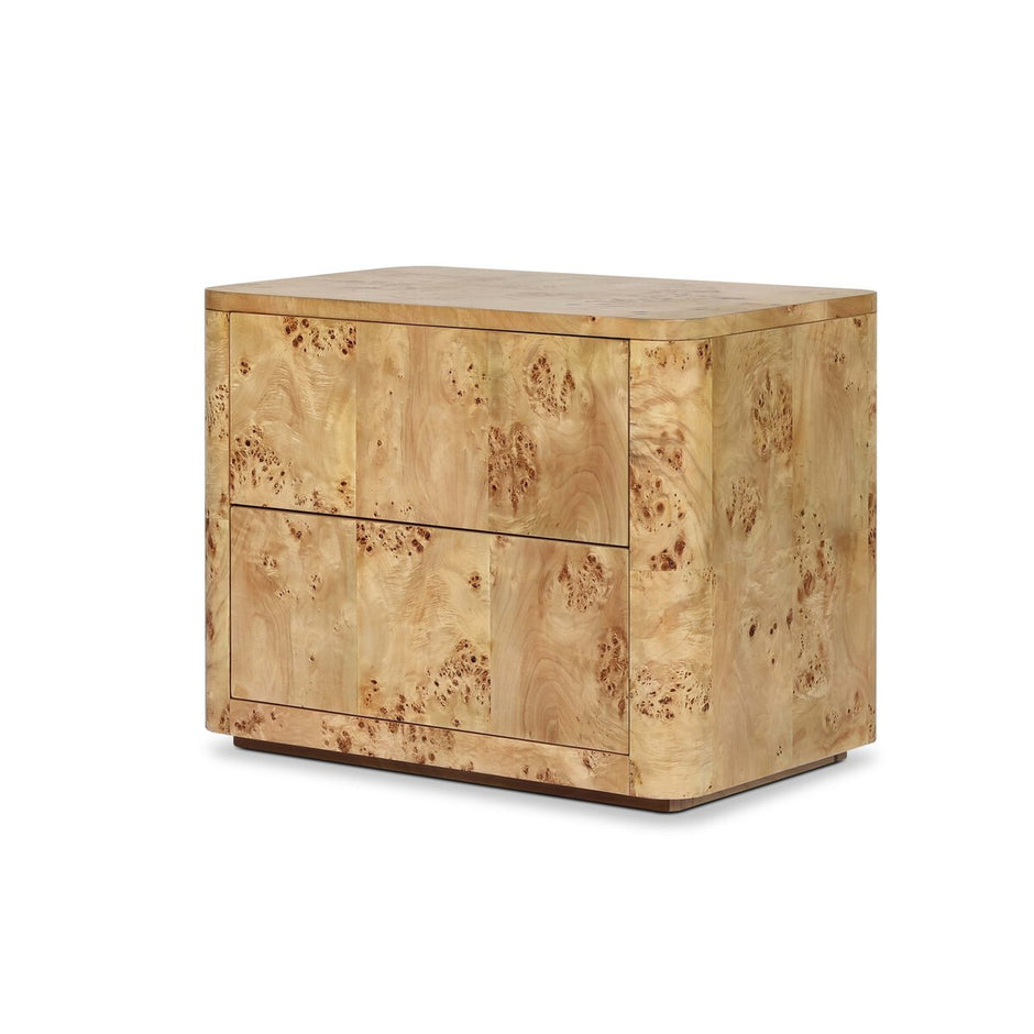 Rectangular burl wood nightstand by Four Hands with clean lines and natural wood grain, perfect for bedside storage and decor.