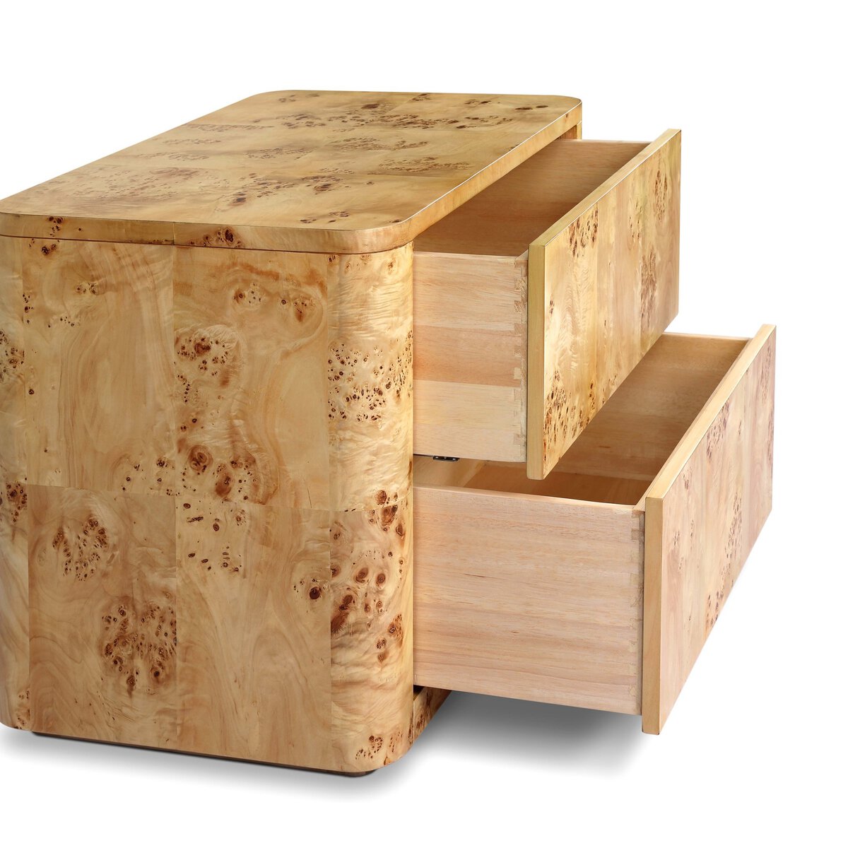 Burl wood rectangular nightstand by Four Hands with a sleek design and natural wood grain finish.