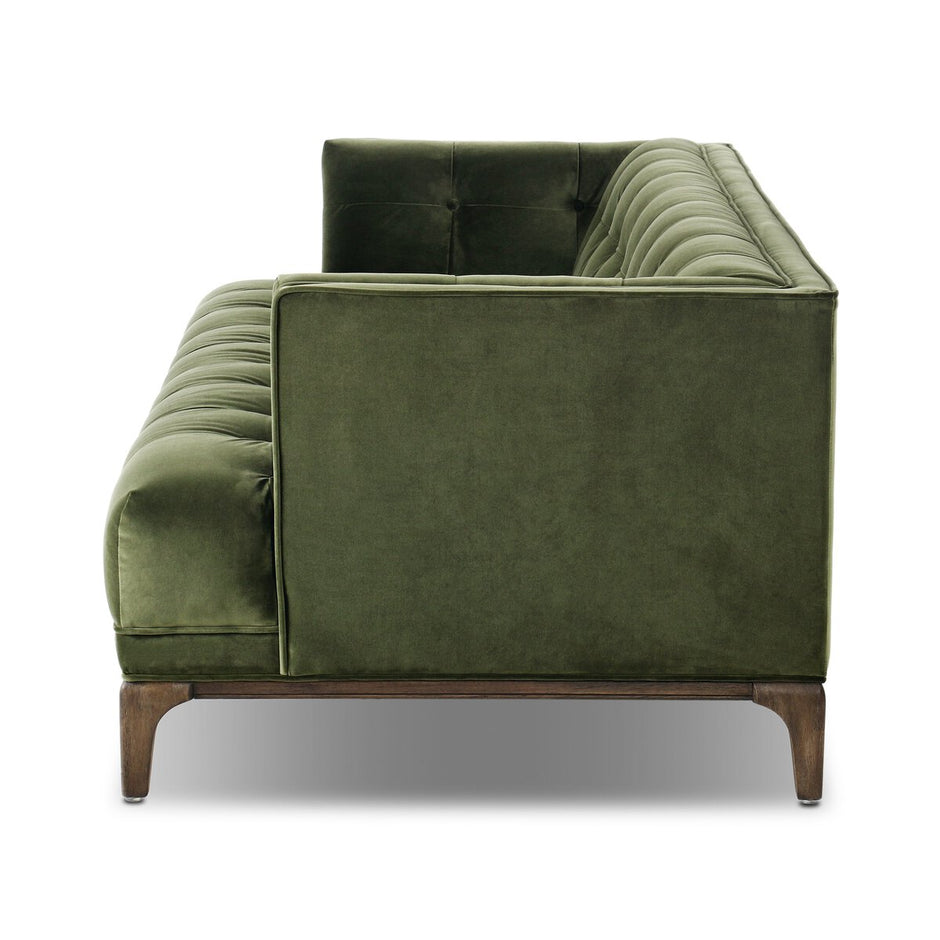 Olive green Dylan velvet tufted sofa by Four Hands, 78-inch modern upholstered sofa with plush cushioning and tufted back.