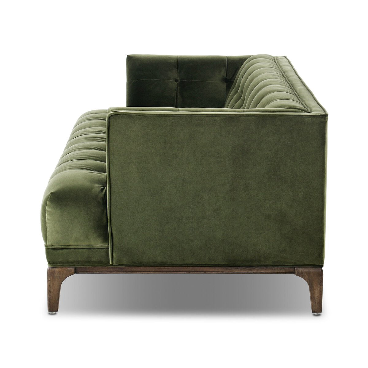 Olive green Dylan velvet tufted sofa by Four Hands, 78-inch modern upholstered sofa with plush cushioning and tufted back.