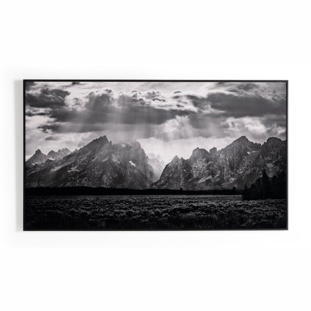 Four Hands wall art featuring a detailed image of the Grand Teton Range mountain landscape in a sleek, modern style.
