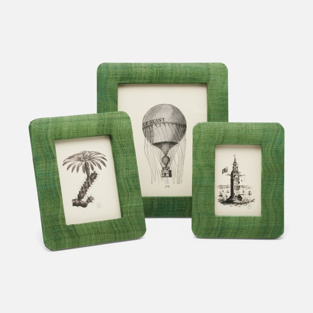 A set of three green, rounded picture frames with a textured appearance, displayed with example artworks inside.