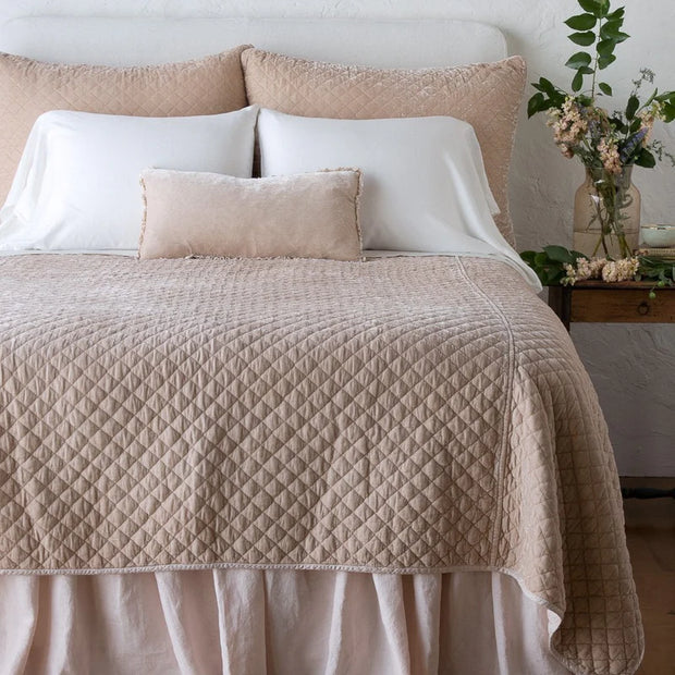 Queen-sized quilted silk velvet coverlet in Pearl color by Bella Notte, featuring a luxurious, textured quilted design.