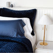 In Stock Bella Notte quilted silk velvet sham in midnight color, luxurious plush fabric with elegant quilting detail.