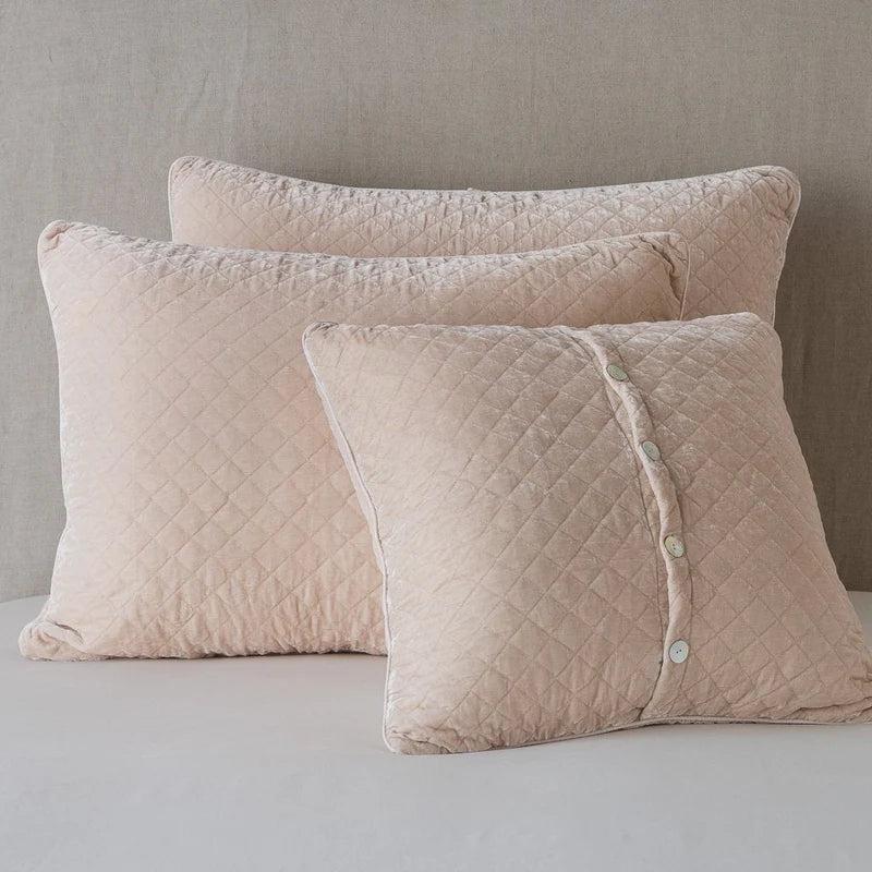 In Stock Bella Notte Pearl Deluxe Quilted Silk Velvet Sham showcasing plush velvet texture and elegant pearl accents.