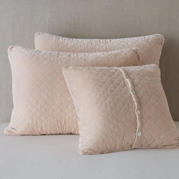 In Stock Bella Notte Pearl Deluxe Quilted Silk Velvet Sham showcasing plush velvet texture and elegant pearl accents.