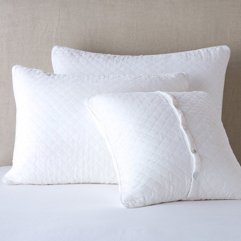 White quilted silk velvet sham by Bella Notte, deluxe plush bedding accessory with elegant stitching and soft texture.