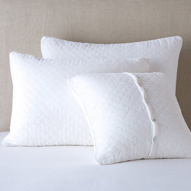White quilted silk velvet sham by Bella Notte, deluxe plush bedding accessory with elegant stitching and soft texture.