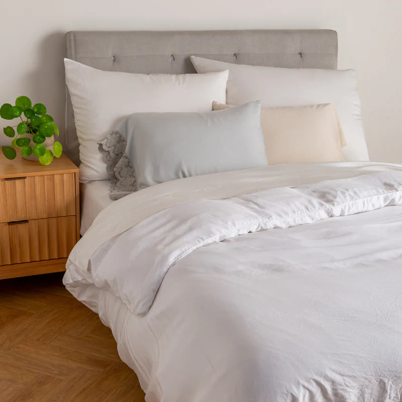 King size Bella Notte Madera Luxe Duvet Cover in Moonlight, featuring soft, luxurious fabric with elegant stitching and a sophisticated design.