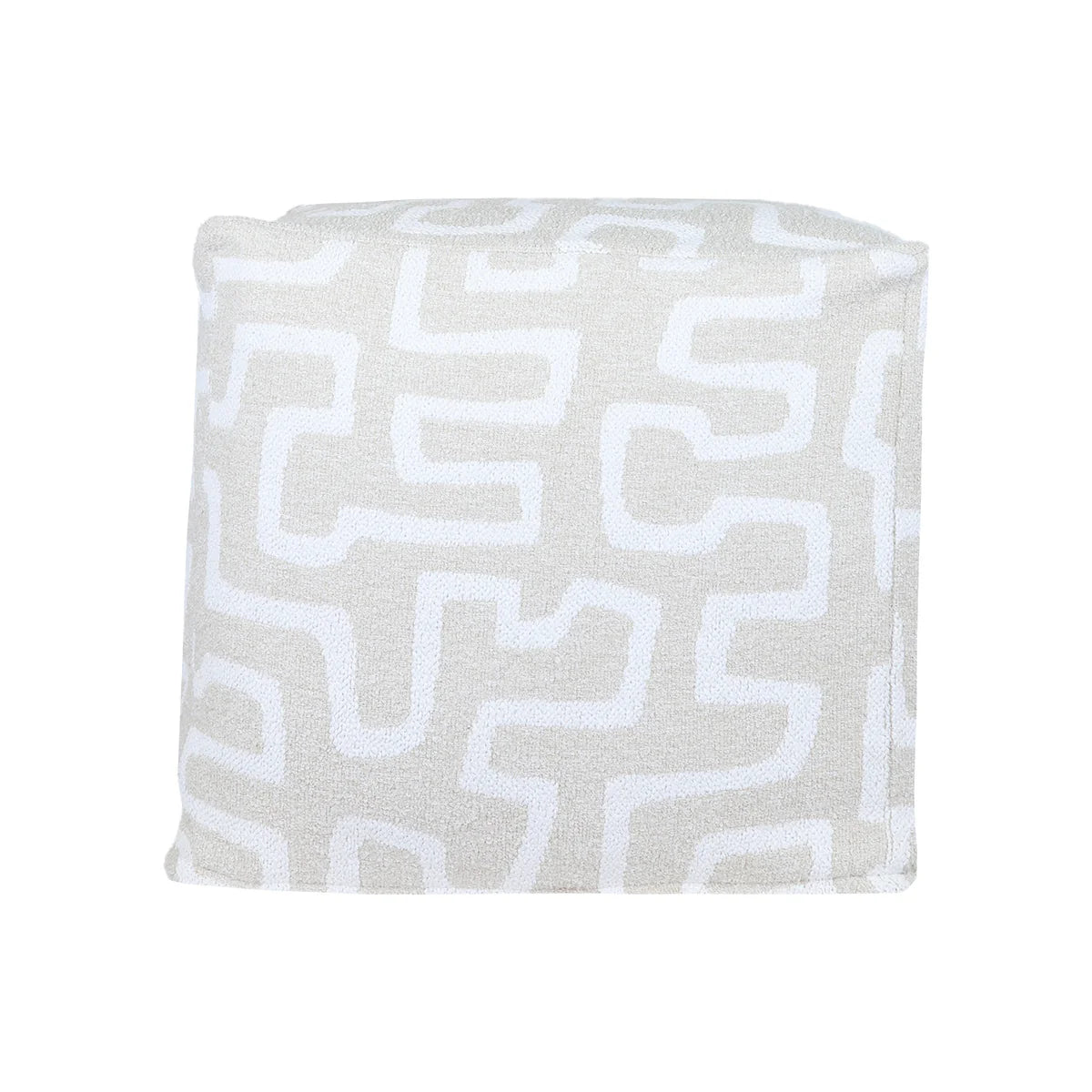 In Stock Uniq'uity Aguadilia cube pouf with soft fabric cover, round shape, and modern design for versatile seating or decor.
