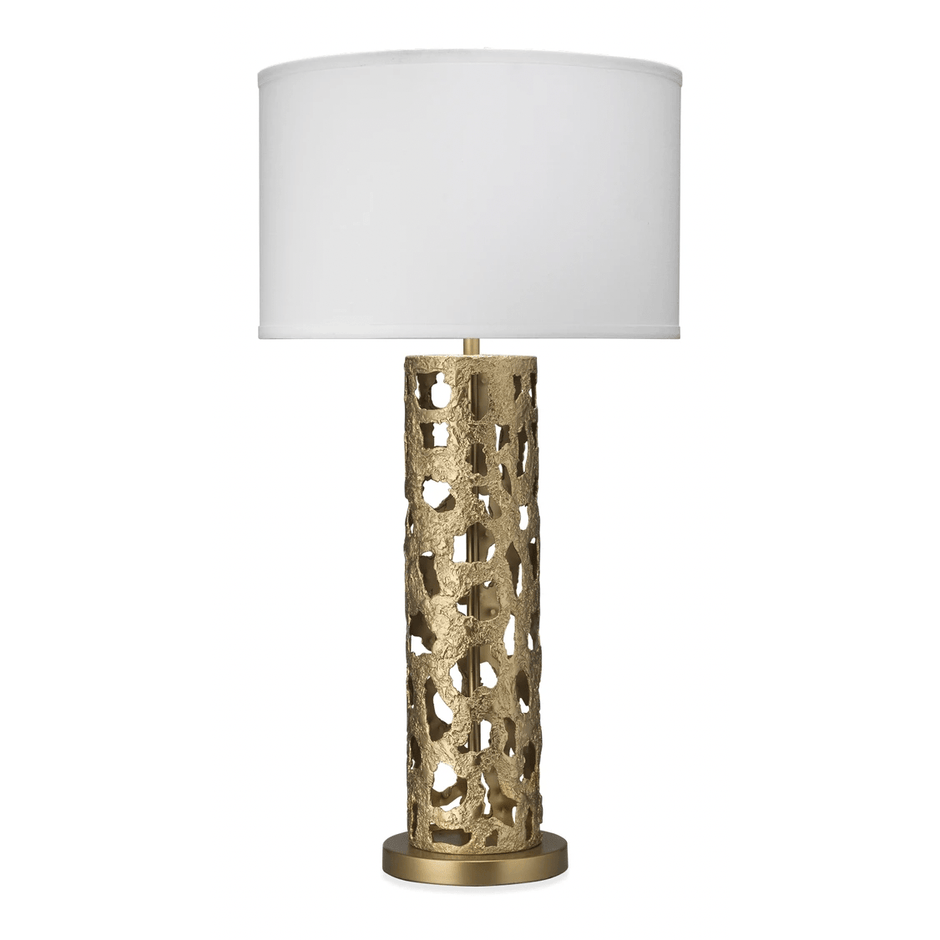 Firenze Table Lamp by Jamie Young Company with gold leaf finish, featuring a classic design and a textured ceramic base.